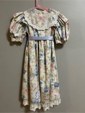 Vintage Sarah Kent Girls 6X Floral Prairie Dress Lace Puff Sleeve Cottagecore